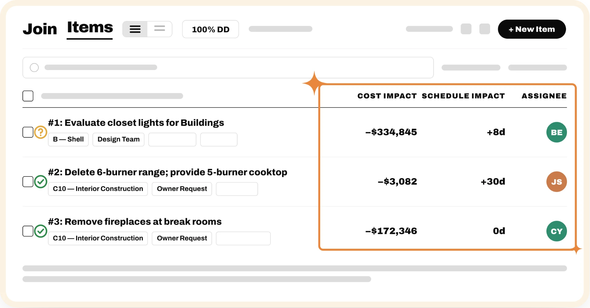 Join items list showing design decisions with cost impact, schedule impact, and assignees