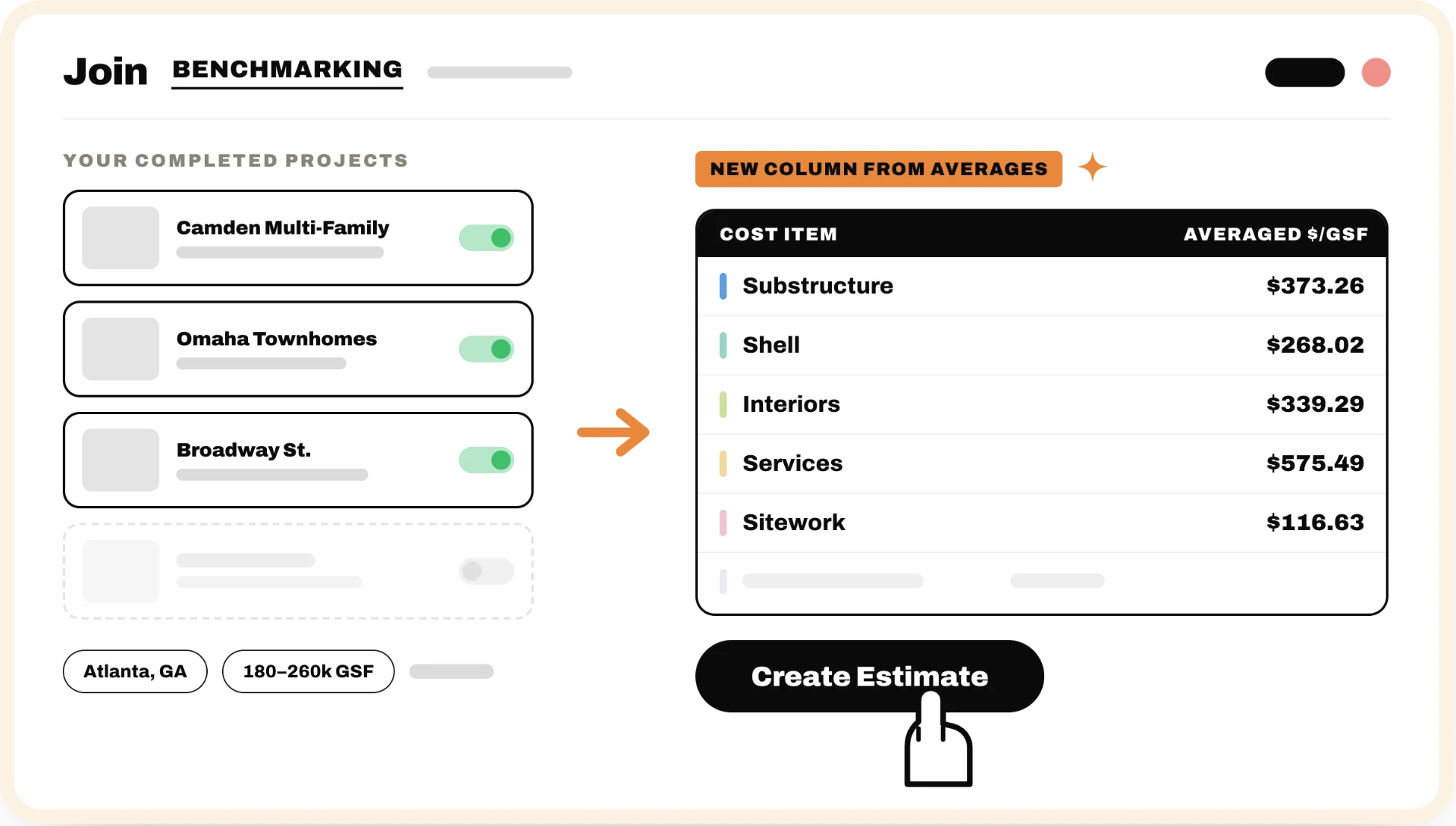 Join benchmarking view comparing categorized cost per GSF across completed projects